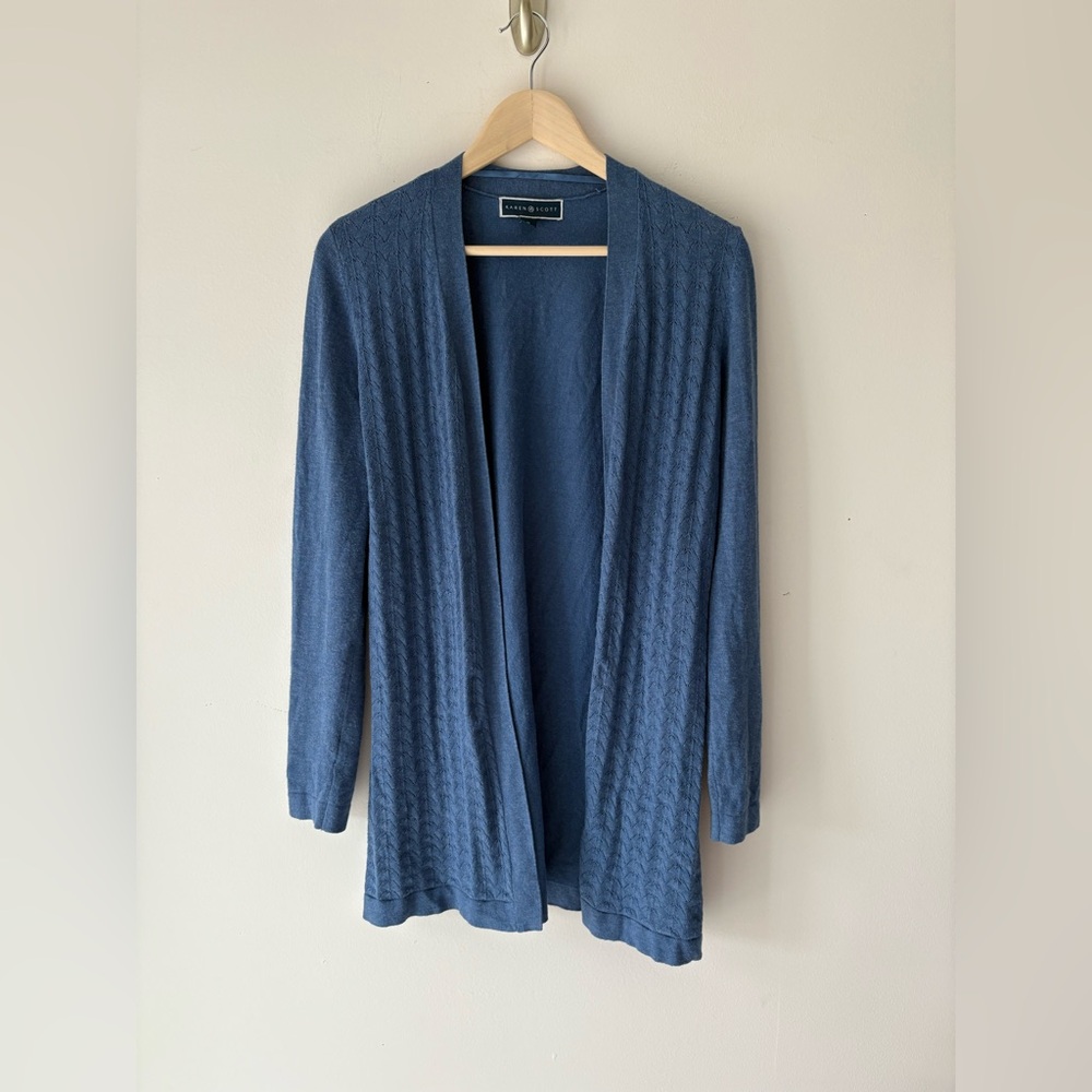Karen Scott Blue Textured Open Front Lightweight Cardigan Sweater M